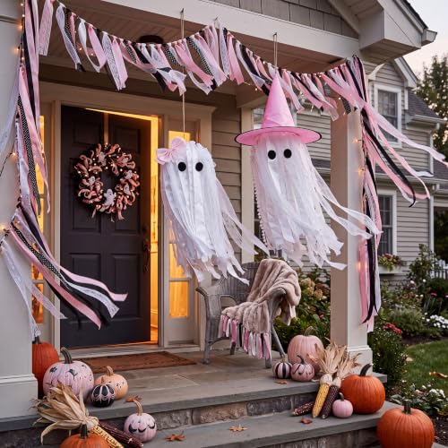 Pink Ghost Halloween Hanging Decor with LED Lights - Outdoor & Indoor Festive Decoration, 2 Pack