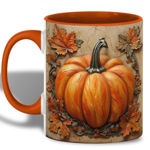 Autumn Leaves Pumpkin Coffee Mug - Rustic Fall Harvest Mug with Orange Rim