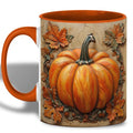 Autumn Leaves Pumpkin Coffee Mug - Rustic Fall Harvest Mug with Orange Rim