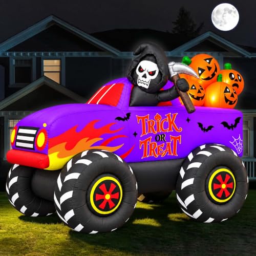 9 Ft Halloween Inflatable Monster Truck with LED Lights, Reaper & Pumpkins Yard Decor