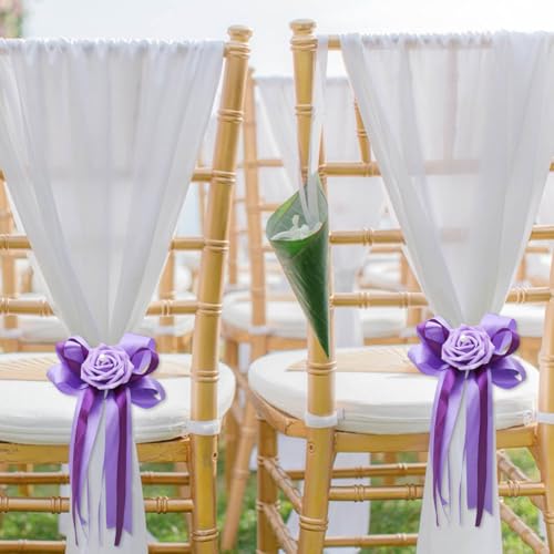 Purple Wedding Car Flower Decorations Set - Artificial Roses & Ribbon Bows, 12 Pieces