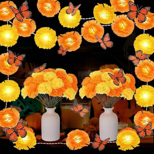 Marigold Flower String Lights & Butterfly Decorations for Day of the Dead Celebrations