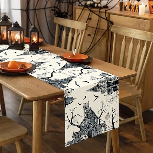 Artscope Haunted House Tree Ghost Halloween Table Runner - Black White 13x36 Inches