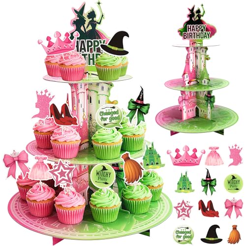 Princess and Witch Cupcake Stand with Toppers - 3 Tier Birthday Dessert Display