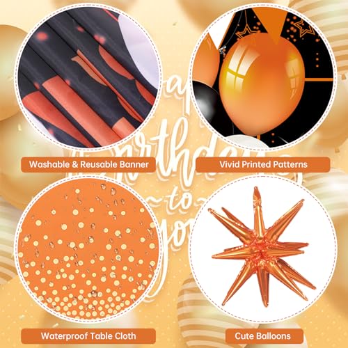 62pcs Orange and Black Birthday Party Decorations Balloon Kit with Banner & Foil Balloons