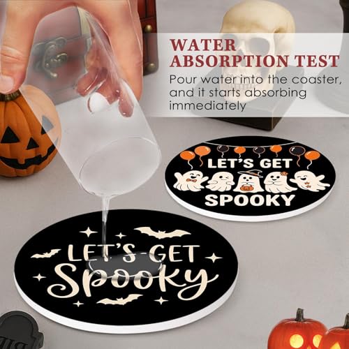 Halloween Coasters Set of 6 Ceramic Ghost Pumpkin Drink Protectors with Holder