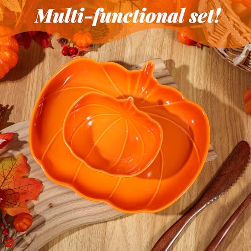 Pumpkin Shaped Ceramic Dinnerware Set - Orange Fall Plates & Bowls for Thanksgiving Halloween