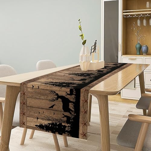 Rustic Deer Cabin Table Runner - Vintage Brown Wild Deer Wood Plank 13x36 Inch Cabin-8