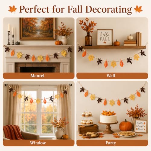 Fall Leaf Garland with Wood Beads - Rustic Thanksgiving Fall Decor