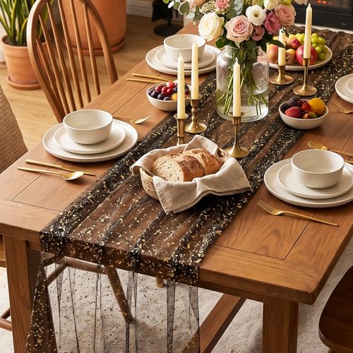 Black Gold Galaxy Star Tablecloth - 120 x 28 Inch, Sorcristy