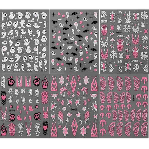 Halloween Pink Glitter Nail Art Stickers Ghost Bat Spider Flame 6 Sheets - Variation 7