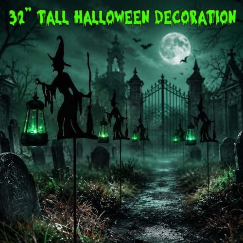 Halloween Witches Outdoor Solar Lanterns Garden Stakes - Metal Yard Decor