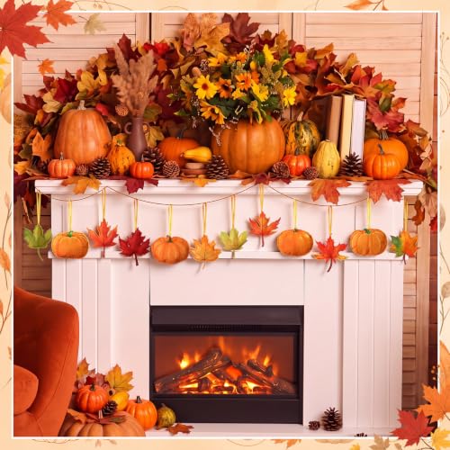 Fall Thanksgiving Felt Hanging Ornaments Set - Maple Leaf & Pumpkin, Orange & Yellow, 12 Pieces