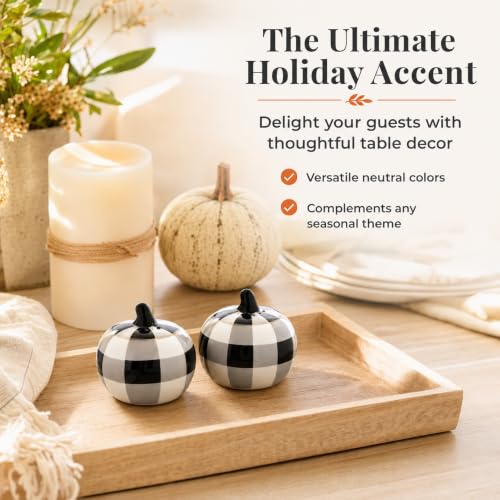 Farmhouse Pumpkin Salt & Pepper Shaker Set - Buffalo Check Pattern, 2.5 Inches
