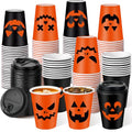 Halloween Pumpkin Disposable Coffee Cups with Lids - 12oz Bulk Set, Black & Orange