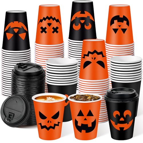 Halloween Pumpkin Disposable Coffee Cups with Lids - 100 Pack, 12oz, Black & Orange