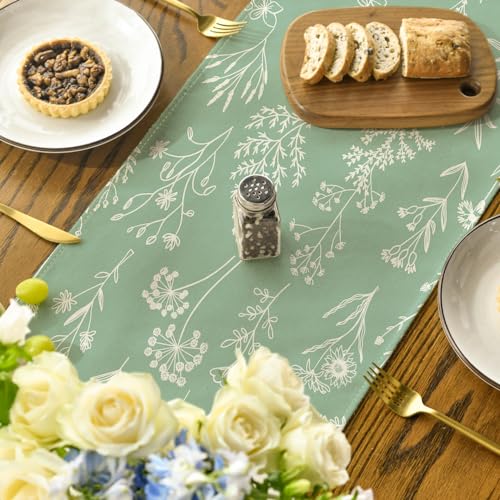 Sage Green Leaves Flowers Spring Table Runner 13x72 Inch - Kitchen Decor