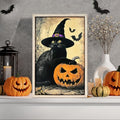 Halloween Wall Art Black Cat Pumpkin Wall Decor - Framed Canvas for Indoor Spooky Decor