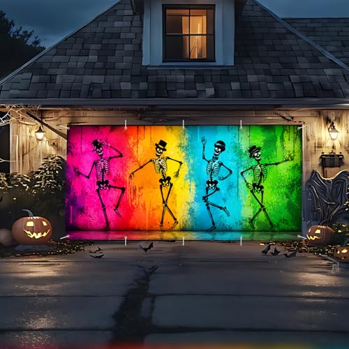 Halloween Garage Door Banner Cover - 7x16 FT Colorful Skeletons & Rainbow Backdrop, Variation 242