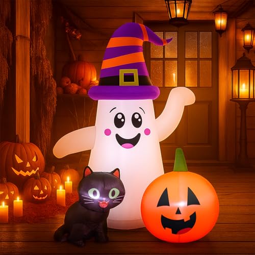 5 Ft Halloween Inflatable Ghost with Pumpkin and Black Cat – Indoor/Outdoor Decor with LED Light