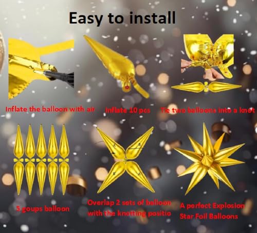 Gold Star Balloons Set - 50 Foil Point Star Explosion Balloons for Parties