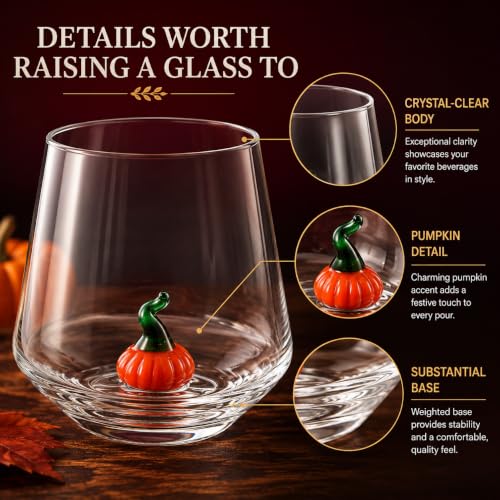 Pumpkin Wine Glasses Set - 2 Pack Halloween Fall Stemless Cups for Parties & Home