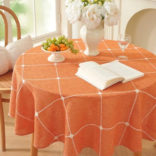 Burnt Orange Round Linen Tablecloth 53 Inch Fall Dining Cover with Variation