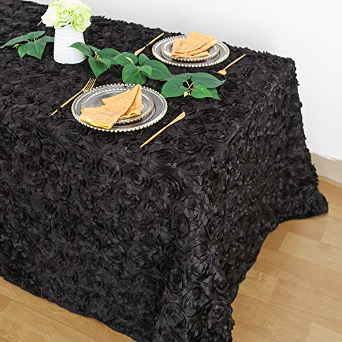 Black 90x156 Inch Satin Rosette Tablecloth - Floral Wedding & Event Cover