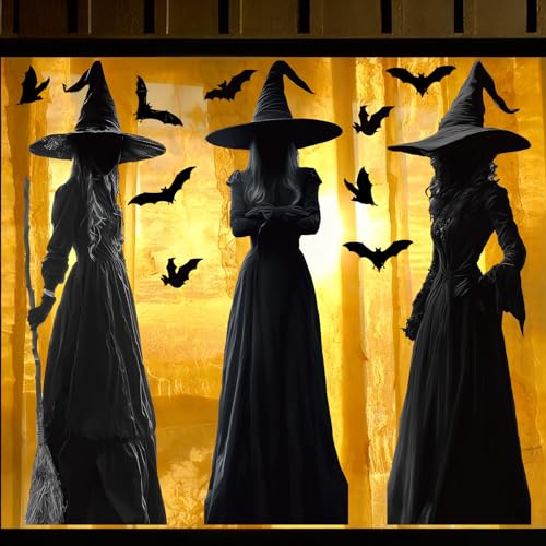 Large Halloween Window Clings - Witch & Bat Silhouette Decals for Glass, Reusable & Scary Decorations