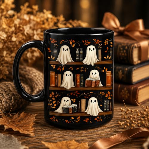 Ghost Reading Book Mug with Keychain - 15oz Black Ceramic Coffee Cup Gift for Book Lovers - Bookish Halloween Gift - Book Ghost Variation
