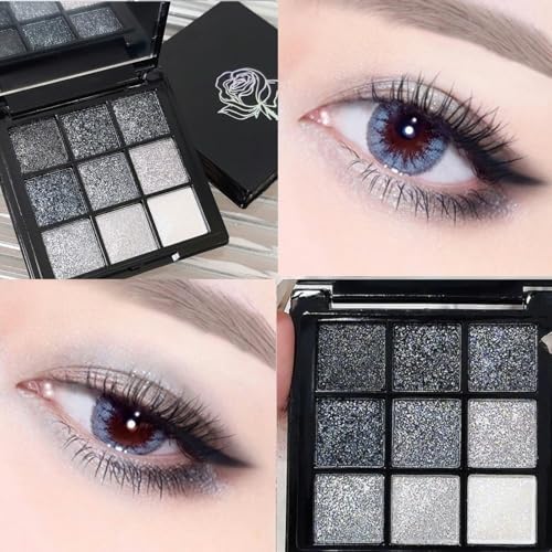 9 Colors Glitter Eyeshadow Palette - Black Silver Grey Smokey Eye Makeup - Variation #Black Silver