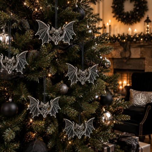 Gothic Halloween Bat Ornaments Set - 6 Antique Alloy Holiday Tree Decorations