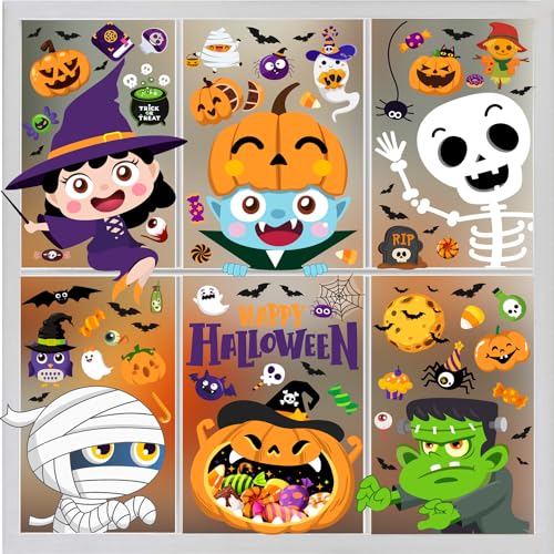 Halloween Window Clings Set - 6 Large Static Decals for Indoor & Outdoor Decorations