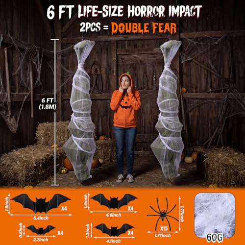 Halloween Hanging Corpse Decorations Set with Spiders and Bat Stickers - 72 Inch