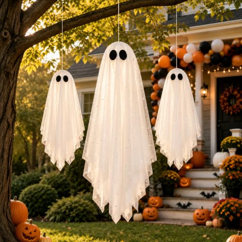 3 Pack Hanging Ghost Decorations - White, 27.6 & 19.7 Inch, with Warm Glow, Remote Timer - Indoor & Outdoor Halloween Decor