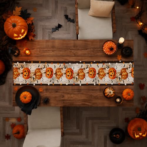Halloween Ghost Pumpkin Table Runner - Orange White Brown Holiday Decor