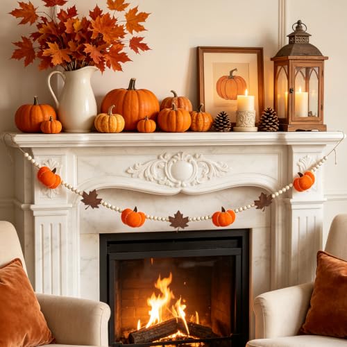 Fall Pumpkin Garland with Maple Leaves & Wood Beads - 6.8 ft Autumn Decor - Pumpkin Variation