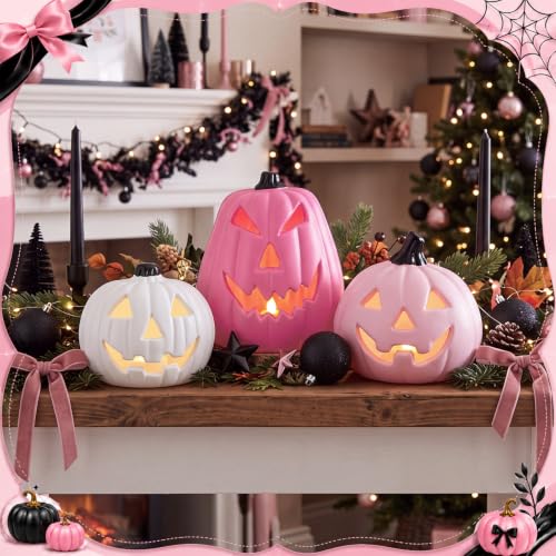Pink Halloween Pumpkin Decorations Set - Resin Jack O Lanterns with Light-Ready Hollow Bases