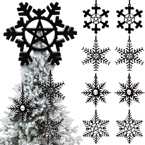 Gothic Christmas Tree Topper Set with Black Snowflake Ornaments - 17 Pieces