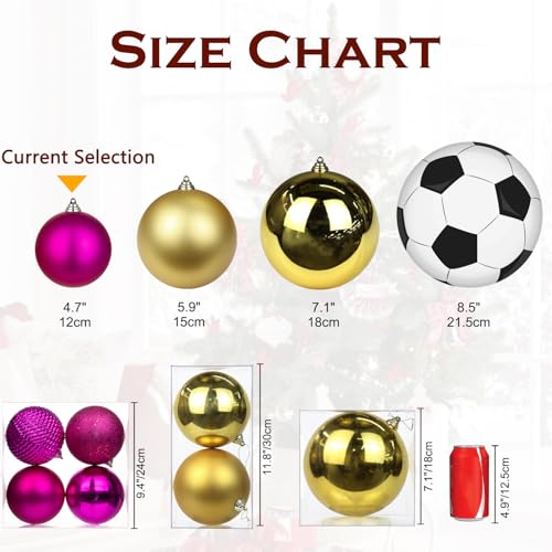 Large Hot Pink Christmas Ornaments Balls 4.7 Inch Set - Shatterproof Xmas Tree Decorations with Hanging Loops - Variation: Hot Pink / 4.7 Inch / 4 Pcs