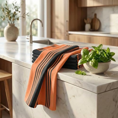 Urban Villa Cotton Kitchen Towels Set of 6 - 20x30 Inches, Orange & Black