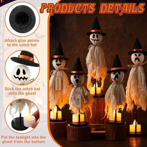 Halloween Ghost Decorations Set with LED Candles - Rustic Wooden Props, Indoor Use