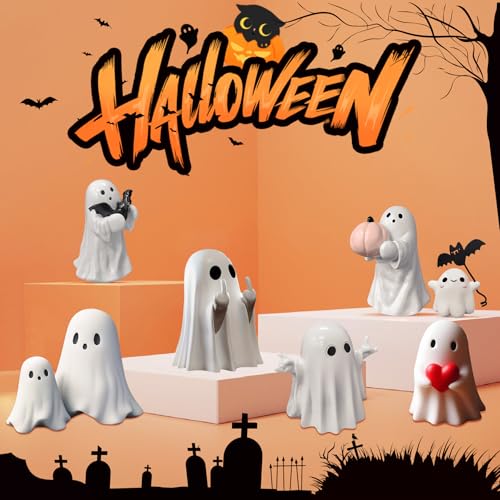 Halloween Cute Ghost Figurine with Red Heart - Ceramic Halloween Decor, Shelf or Mantel Decoration - Variation of THIS listing