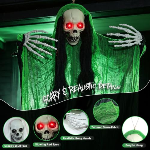 Halloween Hanging Skeleton Ghost Decorations Set with Light Up Red Eyes - Multicolor
