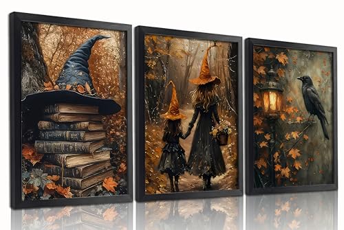 Halloween Canvas Wall Art Set - 3 Pieces 16x12 Inches Framed Gothic Witch Books Crow Autumn Decor