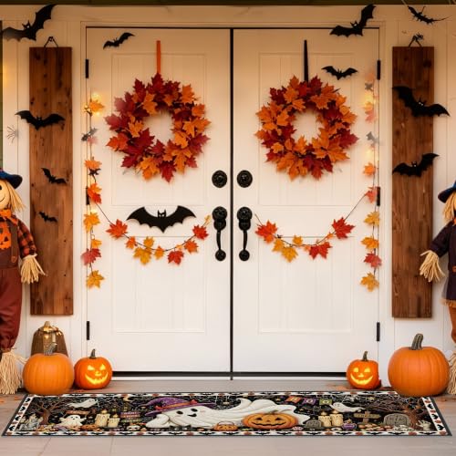 Halloween Ghost Kitchen Rugs Set - Orange & Purple, 3 Sizes, 16x31/47/59 in - Festive Fall Decor