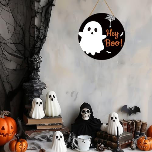 Halloween Door Sign Decor - Cute Ghost Bat Spider Web Welcome Wreath