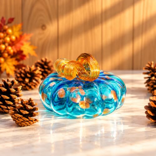Large Hand Blown Glass Pumpkin Figurine - Fall Harvest Decor - Aquamarin Variation