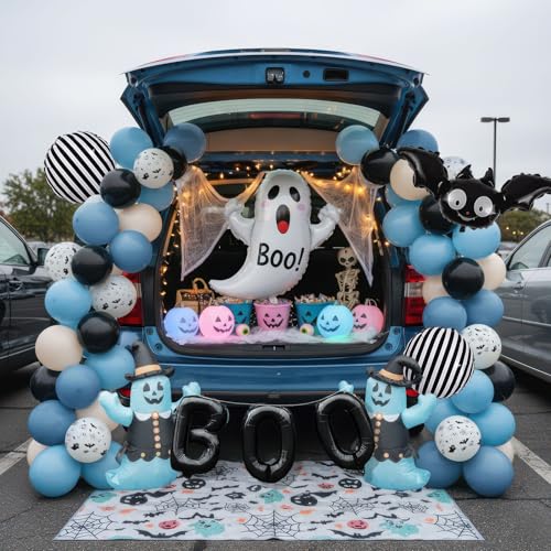 Blue Halloween Trunk or Treat Car Decorations with Ghost & Bat Foil Balloons - Halloween Blue Black