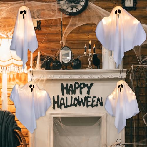 Halloween Ghost Light Decorations Set - 4 Hanging Floating Ghosts with Warm White LED for Indoor Outdoor Use - Variation 4